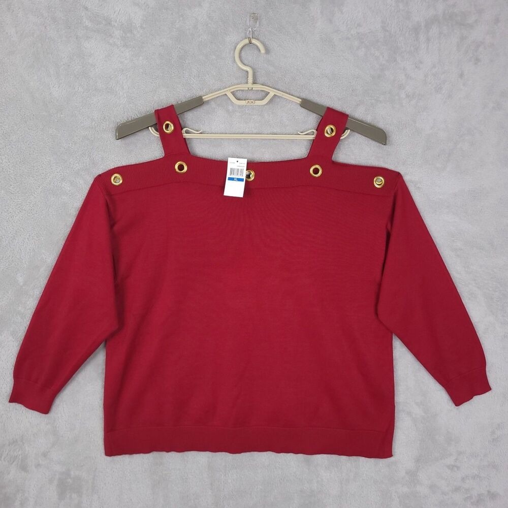 Neiman Marcus Sweater Womens Red Size XL Off The Shoulder Sleeve Studded Strappy